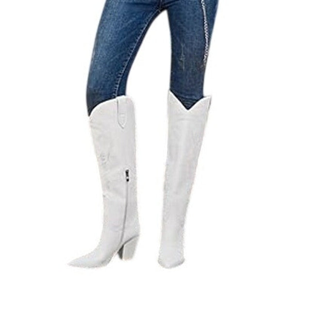 Isnom Womens Size 9 White Faux Leather 4" Heel Knee High Cowboy Western Boots