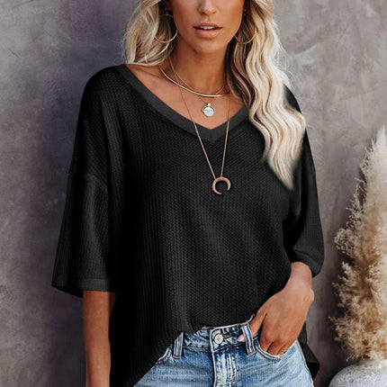 White Waffle Texture V Neck Drop Shoulder Loose Tee