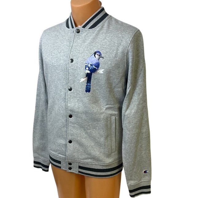 New Champion Mens Small Gray Snap Up Hand Printed Blue Jay Bird Bomber Jacket