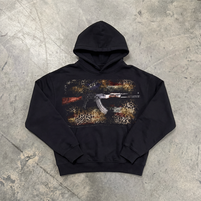 AK Black Hoodie Cropped 400GSM Streetwear Graphic Y2K Unisex Cotton