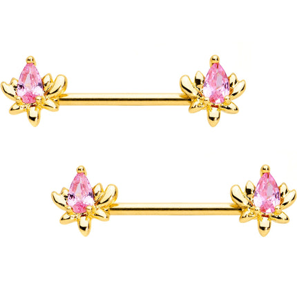 Pink Gem Gold Tone Anodized Fiery Flame Barbell Nipple Ring Set