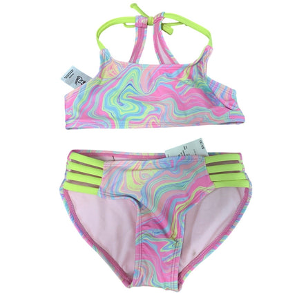 New Art Class Girls XL (14) UPF 50+ Pastels on Pink Swirl Bikini 2PC Swimsuit