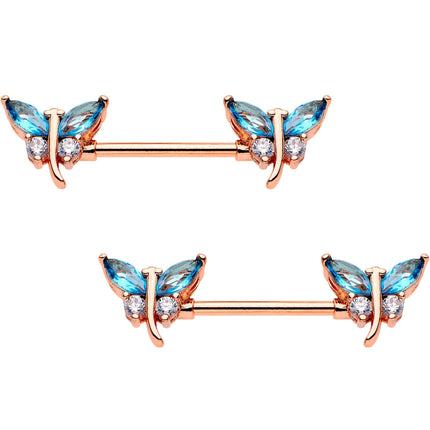 9/16 Aqua Gem Rose Gold PVD Double Dragonfly Barbell Nipple Ring Set