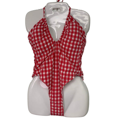 New Wild Fable Womens Large Red White Picnic Gingham Check One Piece Swim Suit