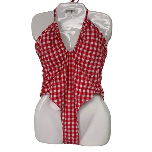 New Wild Fable Womens Large Red White Picnic Gingham Check One Piece Swim Suit