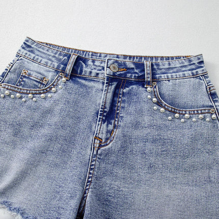 Beau Blue Pearl Studded Pocket Raw Hem Denim Shorts