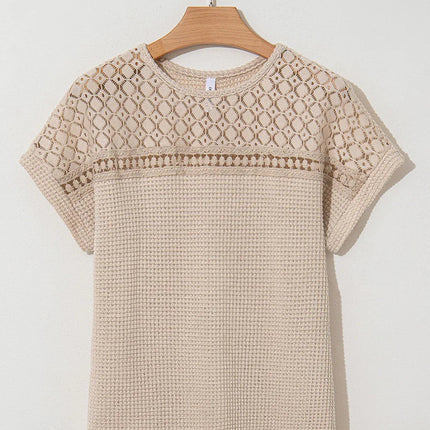 Mist Green Hollow Patchwork Waffle Knit Top