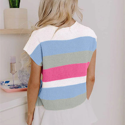 Multicolour Colorblock Notch V Neck Knit T Shirt