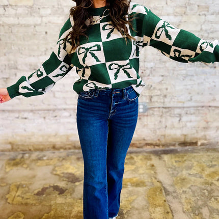 Blackish Green Bow Print Checkered Knit Sweater