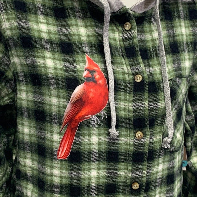 New Hand Printed Women Medium Red Cardinal Bird Plaid Flannel Long Sleeve Hoodie