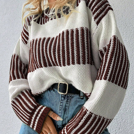 Brown Two Tone Striped Patchwork Drop Shoulder Sweater