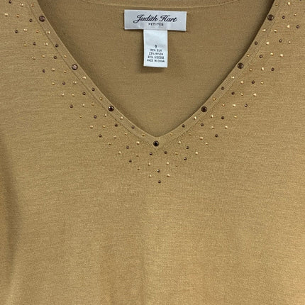 Judith Hart Womens Small Petite Silk Blend Rhinestone V Neck Long Sleeve Top