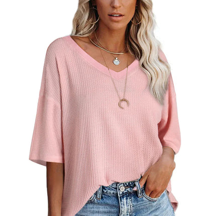 White Waffle Texture V Neck Drop Shoulder Loose Tee