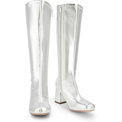 Dream Pairs Womens Size 6 Shiny Silver 3" Block Heel Zip Up Knee High Gogo Boots