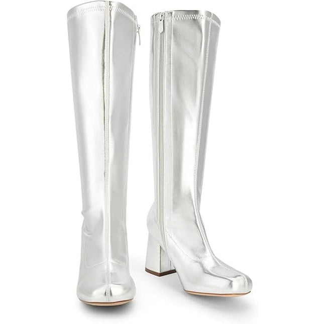 Dream Pairs Womens Size 6 Shiny Silver 3" Block Heel Zip Up Knee High Gogo Boots