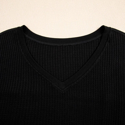 White Waffle Texture V Neck Drop Shoulder Loose Tee