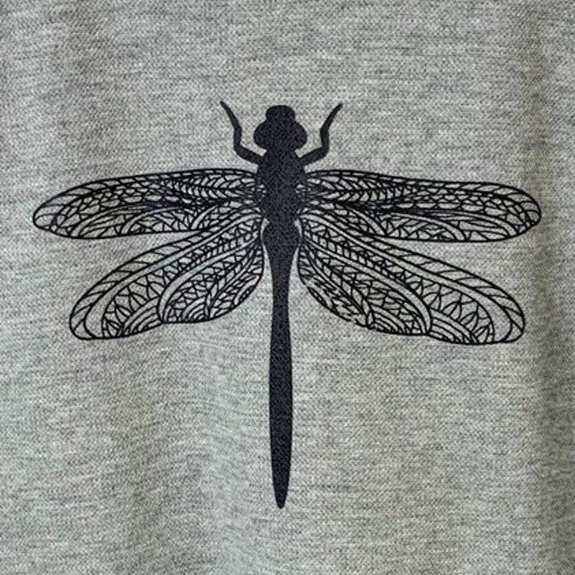Upcycled Hand Printed Mens Medium Gray Heather Dragonfly Long Sleeve Sweatshirt