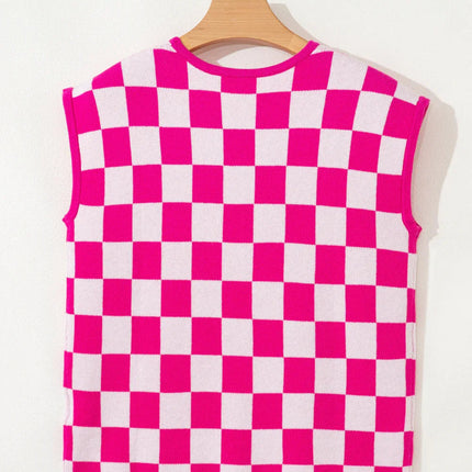 Rose Checkered Pattern Cap Sleeve Knitted Top