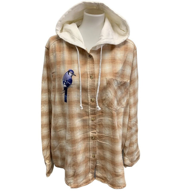 New Hand Printed Womens Large Blue Jay Bird Plaid Flannel Long Sleeve Hoodie