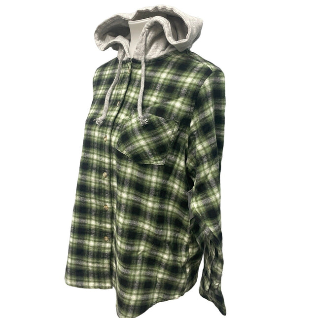 New Time and Tru Womens XXL Long Sleeve Plaid Flannel Cotton Blend Hoodie