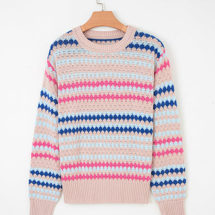 Khaki Striped Eyelet Pattern Drop Shoulder Sweater