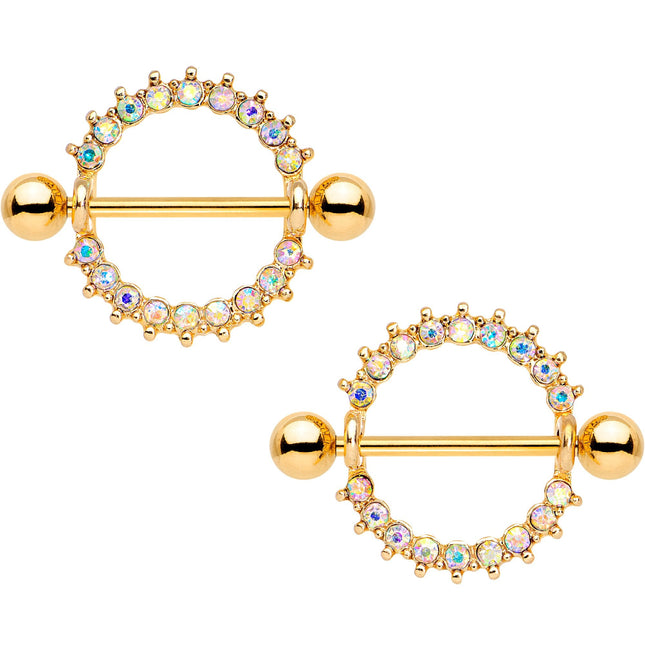 14G 9/16 Aurora Gem Gold PVD Halo Wreath Nipple Shied Set