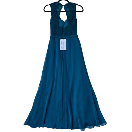 NWT New Belsoie Size 6 Teal Deep V-Neck Floral Lace Lined Sleeveless Maxi Dress