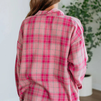 Sachet Pink Plaid Rounded Hem Long Sleeve Shirt