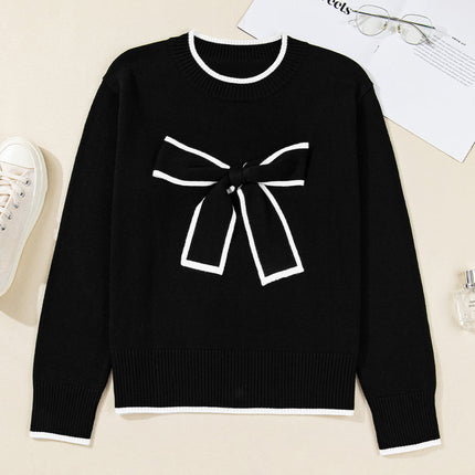 Black Contrast Trim Big Bow Accent Cropped Sweater