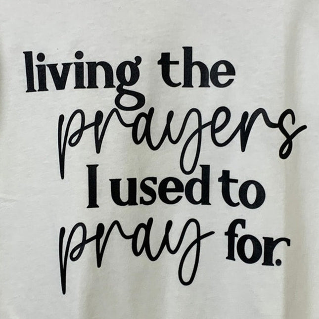 New Hand Printed Womens Medium White PolyCotton Living the Prayer Tee Shirt