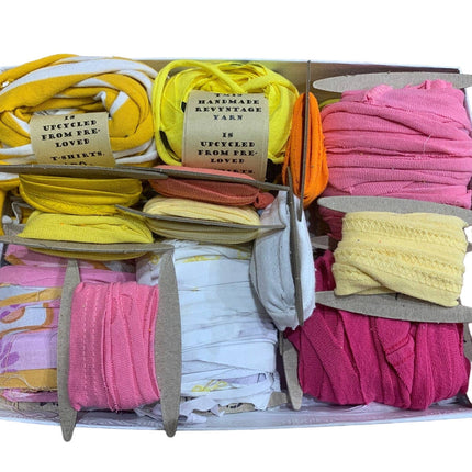 100 yds Handmade Upcycled T-Shirt Fabric Ribbon Yarn Sampler Pack Yellow Pink