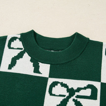 Blackish Green Bow Print Checkered Knit Sweater
