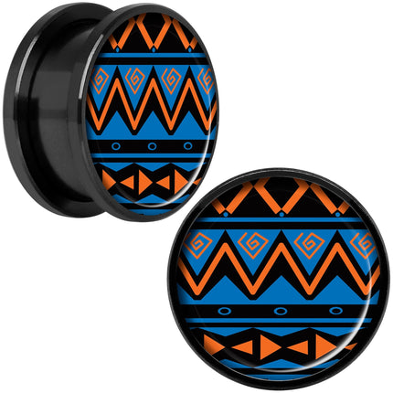 Blue Orange Tribal Print Black Anodized Screw Fit Plug Set 18mm