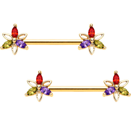 14G Rainbow Gem Star Gold Tone BCR Ring Barbell Nipple Ring Set