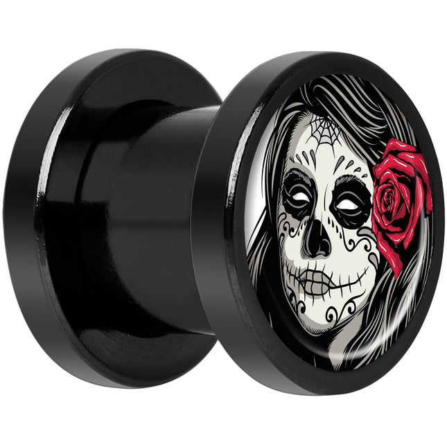 Katrina Sugar Skull Rose Flower Black Anodized Screw Fit Plug Set 0G