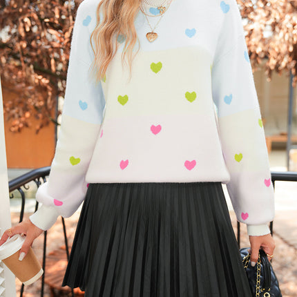 Multicolor Heart Pattern Colorblock High Neck Sweater