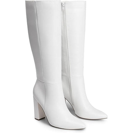Dream Pairs Womens 6 White Faux Leather 4" Block Heel Knee High Side Zip Boots