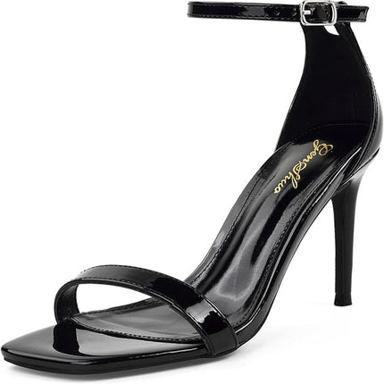 Genshuo Womens Size 9.5 Black 3.5" Heels Open Square Toe Ankle Strap Pumps Shoes