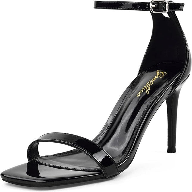 Genshuo Womens Size 9.5 Black 3.5" Heels Open Square Toe Ankle Strap Pumps Shoes