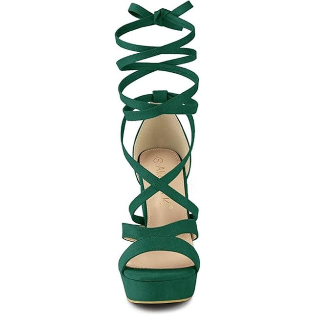 Allegra K Womens Size 8 Green 5.25" Heels Open Round Toe Lace Up Ankle Shoes
