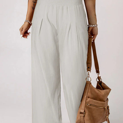 White Smocked Wide Waistband High Waist Wide Leg Pants