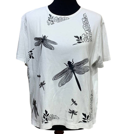 Hand Printed Upcycled Womens XL Dragonfly 100% Cotton Short Sleeve Crew Neck Tee
