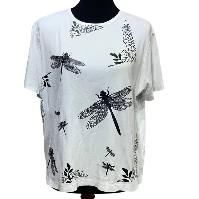 Hand Printed Upcycled Womens XL Dragonfly 100% Cotton Short Sleeve Crew Neck Tee