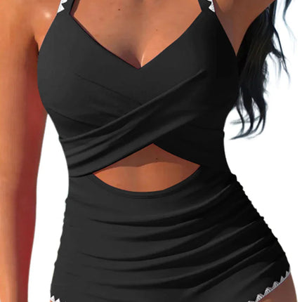 Rose Red Ric Rac Trim Colorblock Cutout One Piece Swimsuit