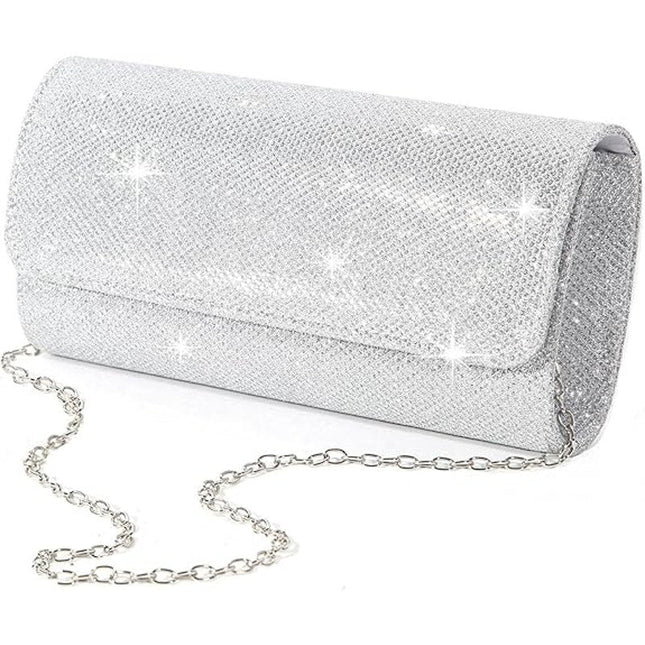 IovyoCoCo Womens Silver Glitter Magnetic Closure Chain Strap Handbag Clutch