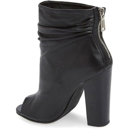 FSJ Womens Size 8 Black 4" Chunky Heel Ankle Boots Round Peep Toe Back Zip Shoes