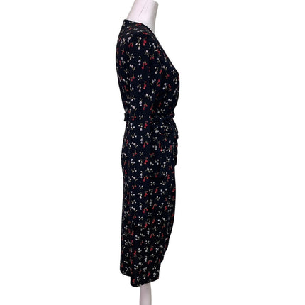 Lark & Ro Womens Medium Red Black Floral Long Sleeve V Neck Belt Tie Wrap Dress