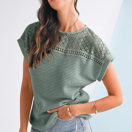 Mist Green Hollow Patchwork Waffle Knit Top