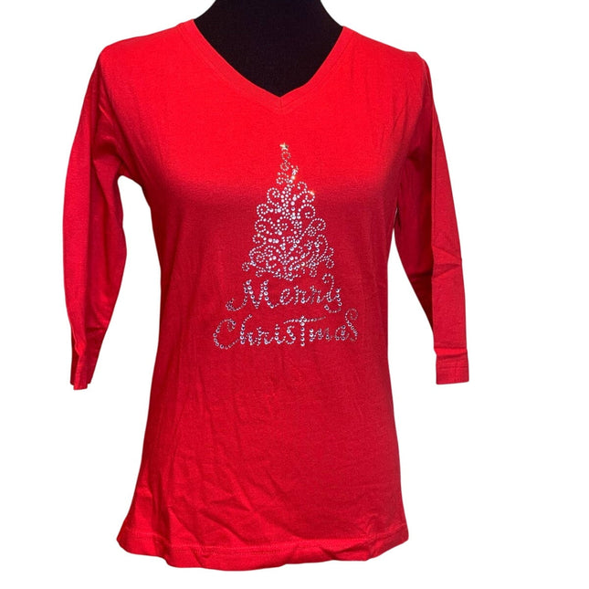 New Hand Printed Small Merry Christmas Tree Rhinestone 3/4 Sleeve Cotton Tee