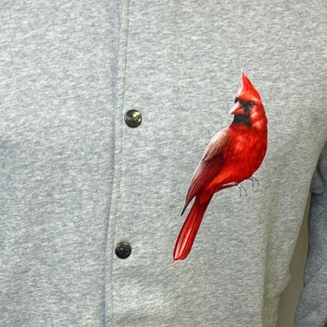 New Champion Mens Small Gray Snap Up Hand Printed Cardinal Bird Bomber Jacket